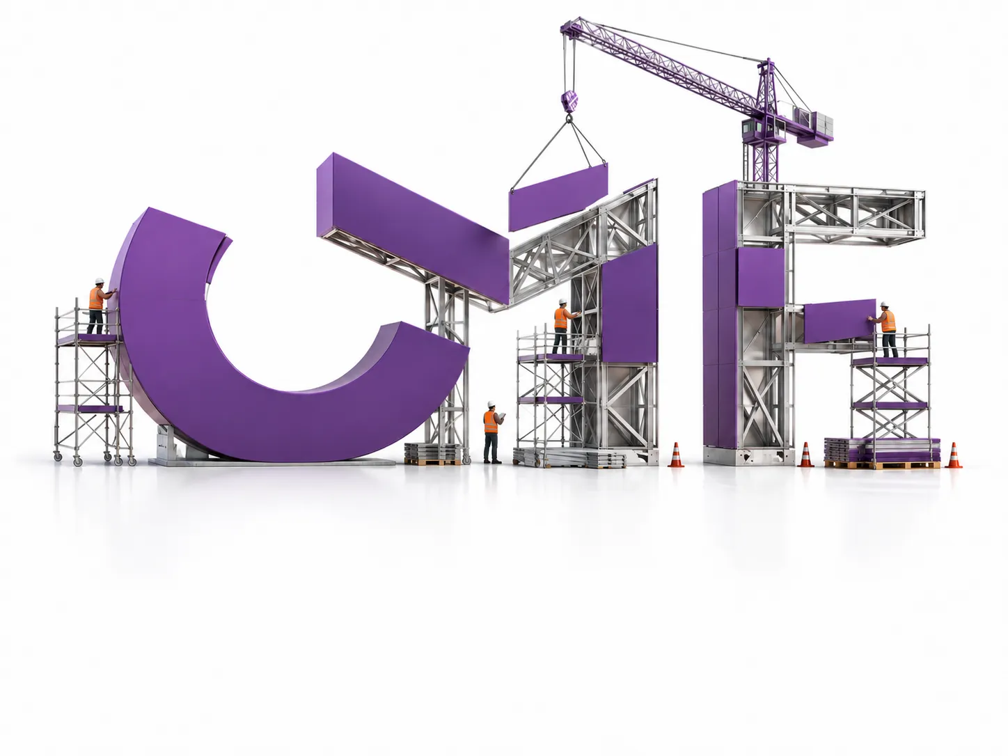 Sigla CMF en construcción con grúas y andamios